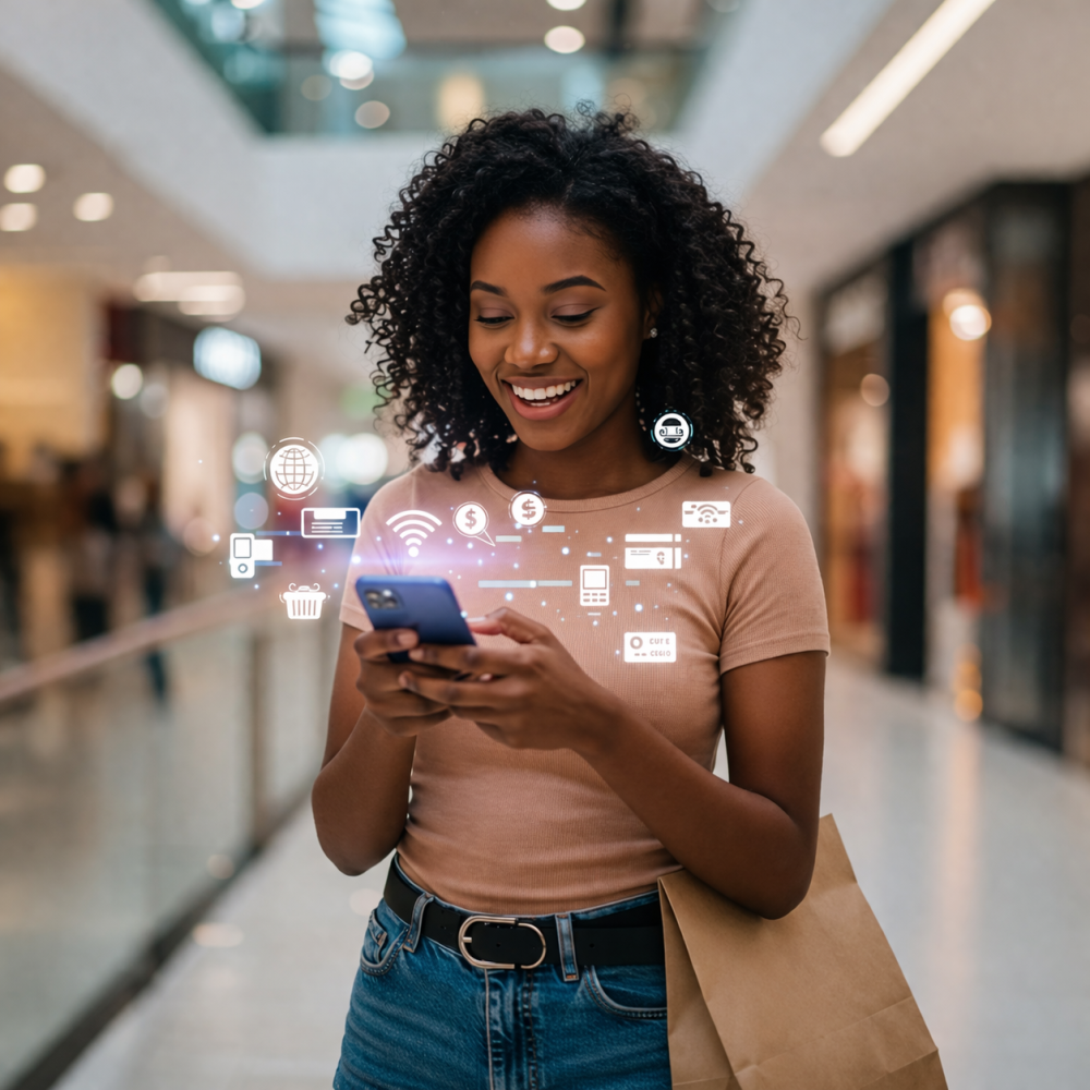Femme souriante avec smartphone et AR